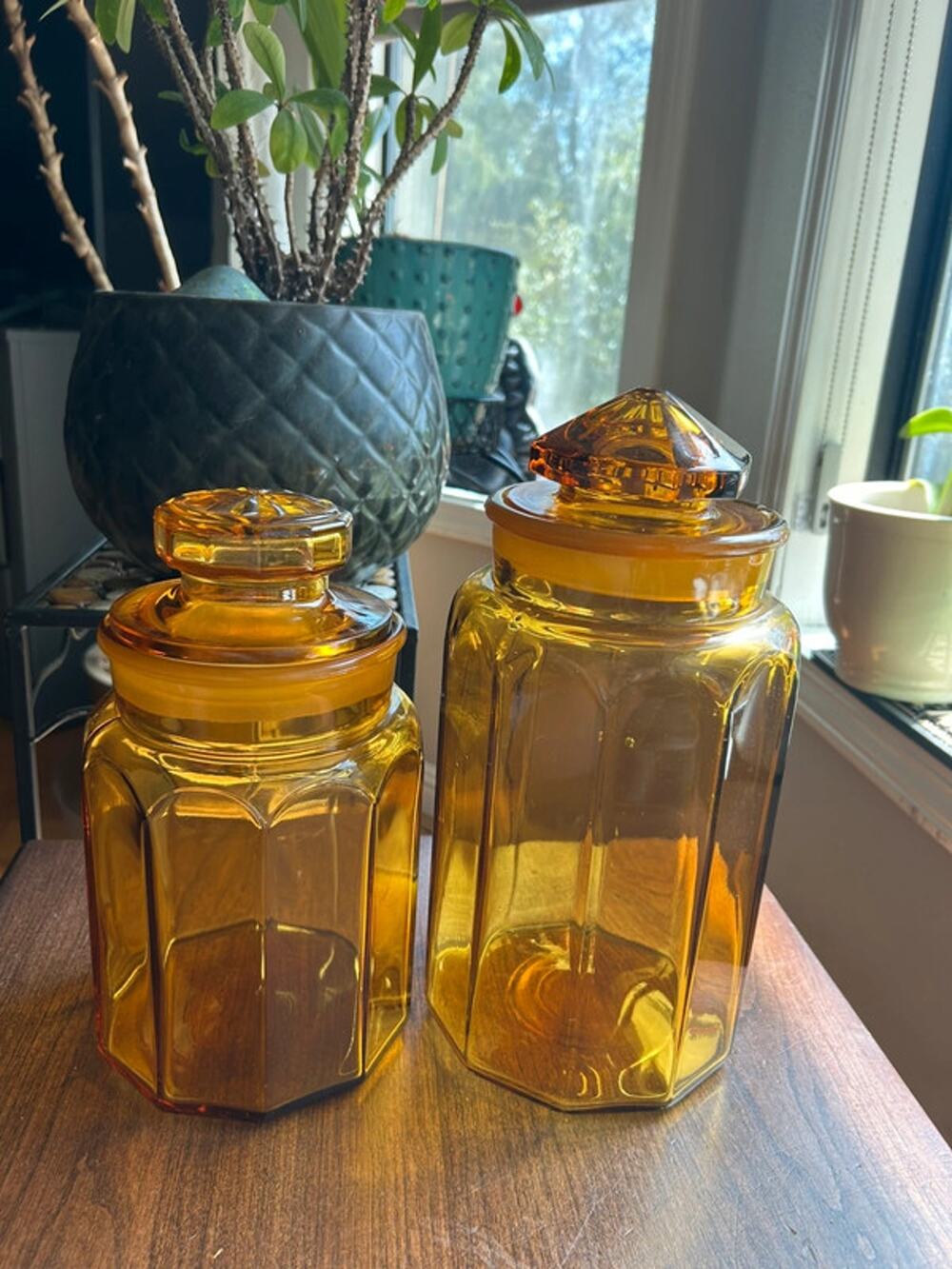 LE Smith Amber glass canisters jars 11 & 12 inch